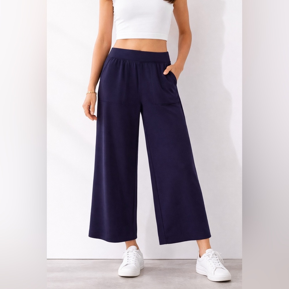 Elie Tahari Navy Wide Leg Cropped Pants Small Elevated Lounge Travel